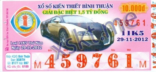 Mẫu vé sô xổ số Bình Thuận ngày 29/11/2012