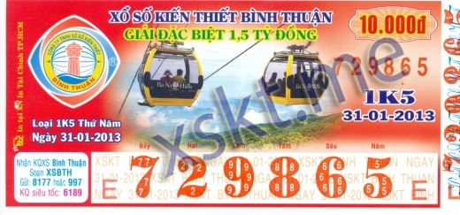 Mẫu vé sô xổ số Bình Thuận ngày 31/1/2013