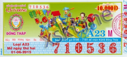 Mẫu vé sô xổ số Đồng Tháp ngày 1/6/2015