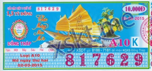 Mẫu vé sô xổ số Đồng Tháp ngày 2/3/2015
