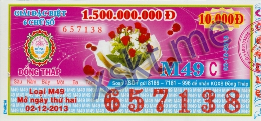 Mẫu vé sô xổ số Đồng Tháp ngày 2/12/2013