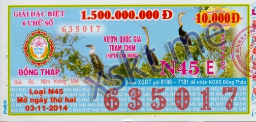 Mẫu vé sô xổ số Đồng Tháp ngày 3/11/2014