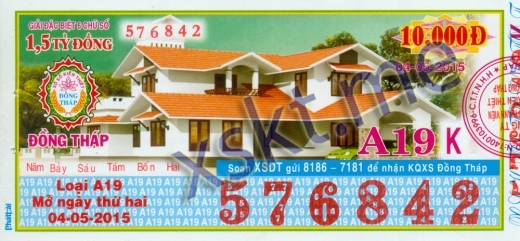 Mẫu vé sô xổ số Đồng Tháp ngày 4/5/2015