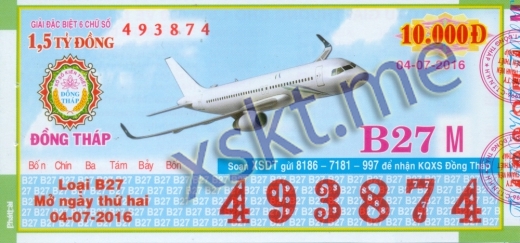 Mẫu vé sô xổ số Đồng Tháp ngày 4/7/2016