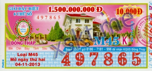 Mẫu vé sô xổ số Đồng Tháp ngày 4/11/2013