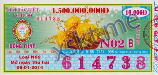 Mẫu vé sô xổ số Đồng Tháp ngày 6/1/2014