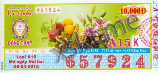 Mẫu vé sô xổ số Đồng Tháp ngày 6/4/2015