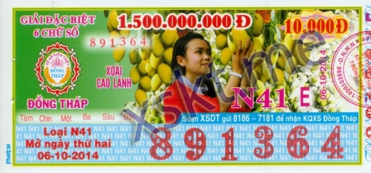 Mẫu vé sô xổ số Đồng Tháp ngày 6/10/2014