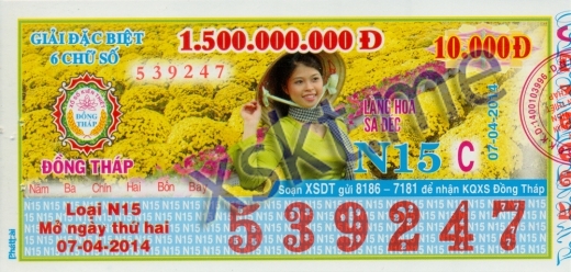Mẫu vé sô xổ số Đồng Tháp ngày 7/4/2014