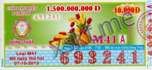 Mẫu vé sô xổ số Đồng Tháp ngày 7/10/2013