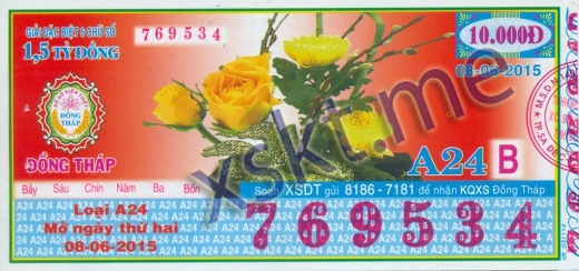 Mẫu vé sô xổ số Đồng Tháp ngày 8/6/2015