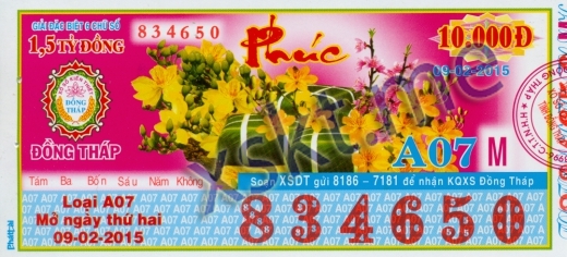 Mẫu vé sô xổ số Đồng Tháp ngày 9/2/2015