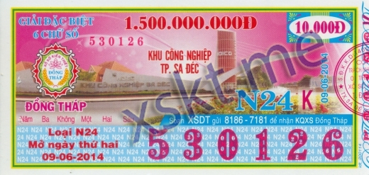 Mẫu vé sô xổ số Đồng Tháp ngày 9/6/2014