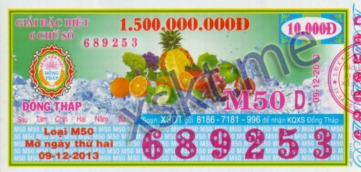 Mẫu vé sô xổ số Đồng Tháp ngày 9/12/2013