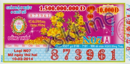 Mẫu vé sô xổ số Đồng Tháp ngày 10/2/2014