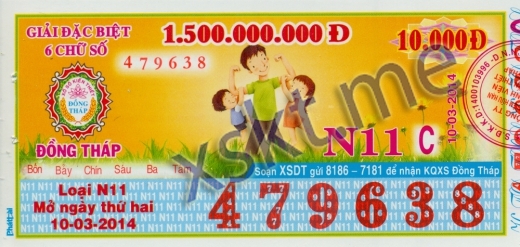 Mẫu vé sô xổ số Đồng Tháp ngày 10/3/2014