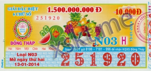 Mẫu vé sô xổ số Đồng Tháp ngày 13/1/2014