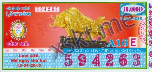 Mẫu vé sô xổ số Đồng Tháp ngày 13/4/2015