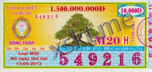 Mẫu vé sô xổ số Đồng Tháp ngày 13/5/2013
