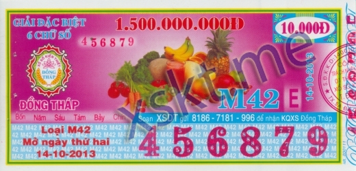 Mẫu vé sô xổ số Đồng Tháp ngày 14/10/2013