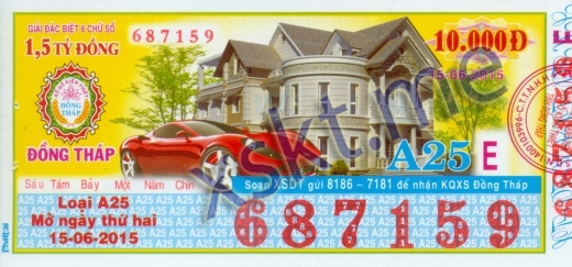 Mẫu vé sô xổ số Đồng Tháp ngày 15/6/2015