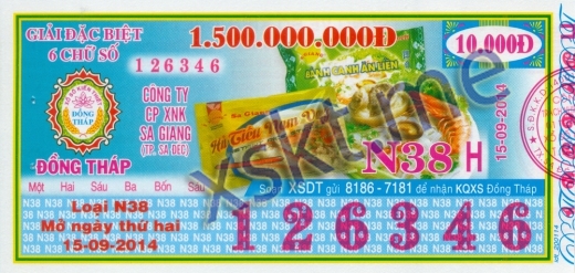 Mẫu vé sô xổ số Đồng Tháp ngày 15/9/2014