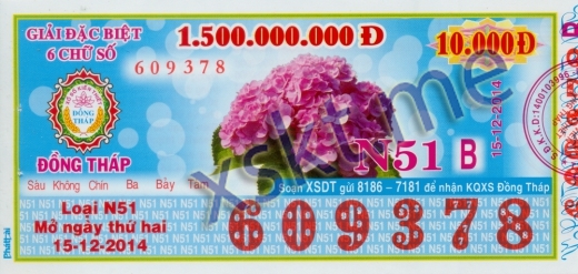 Mẫu vé sô xổ số Đồng Tháp ngày 15/12/2014