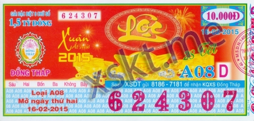 Mẫu vé sô xổ số Đồng Tháp ngày 16/2/2015