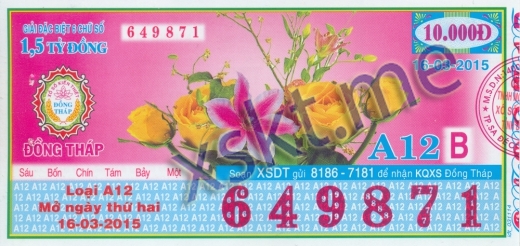 Mẫu vé sô xổ số Đồng Tháp ngày 16/3/2015