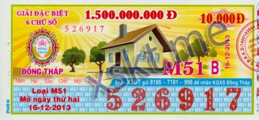 Mẫu vé sô xổ số Đồng Tháp ngày 16/12/2013