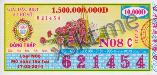 Mẫu vé sô xổ số Đồng Tháp ngày 17/2/2014