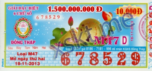 Mẫu vé sô xổ số Đồng Tháp ngày 18/11/2013