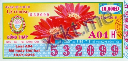Mẫu vé sô xổ số Đồng Tháp ngày 19/1/2015