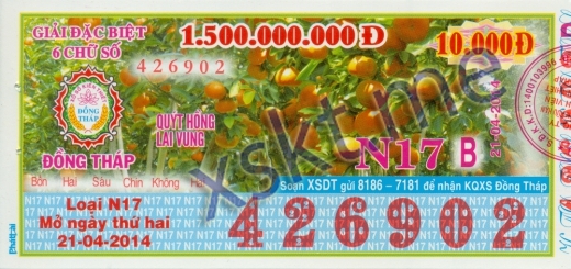 Mẫu vé sô xổ số Đồng Tháp ngày 21/4/2014
