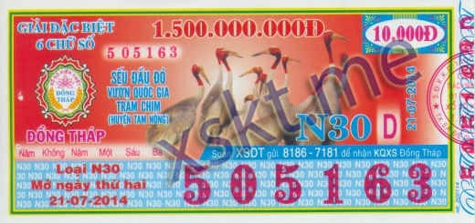 Mẫu vé sô xổ số Đồng Tháp ngày 21/7/2014