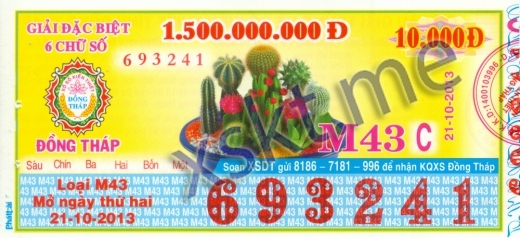 Mẫu vé sô xổ số Đồng Tháp ngày 21/10/2013