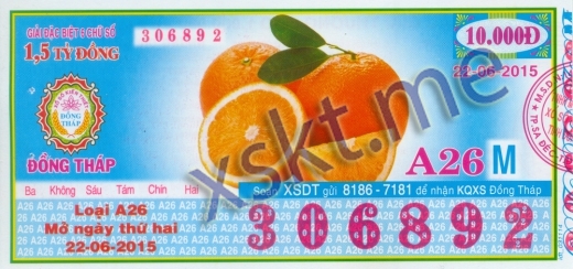 Mẫu vé sô xổ số Đồng Tháp ngày 22/6/2015
