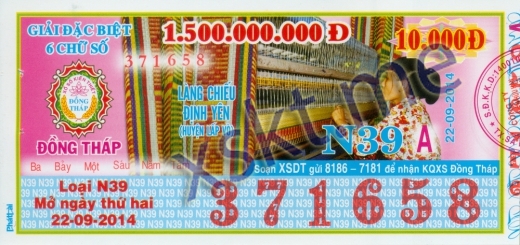 Mẫu vé sô xổ số Đồng Tháp ngày 22/9/2014