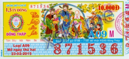 Mẫu vé sô xổ số Đồng Tháp ngày 23/2/2015