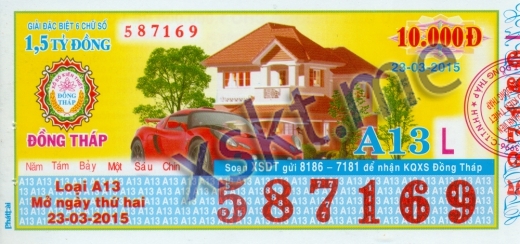 Mẫu vé sô xổ số Đồng Tháp ngày 23/3/2015