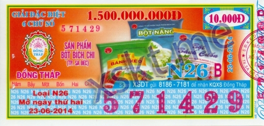 Mẫu vé sô xổ số Đồng Tháp ngày 23/6/2014