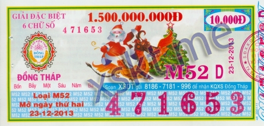 Mẫu vé sô xổ số Đồng Tháp ngày 23/12/2013