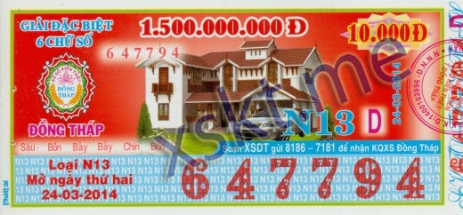 Mẫu vé sô xổ số Đồng Tháp ngày 24/3/2014