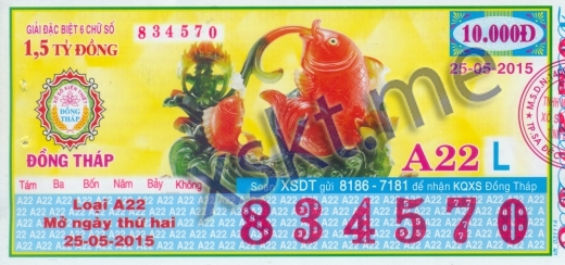 Mẫu vé sô xổ số Đồng Tháp ngày 25/5/2015