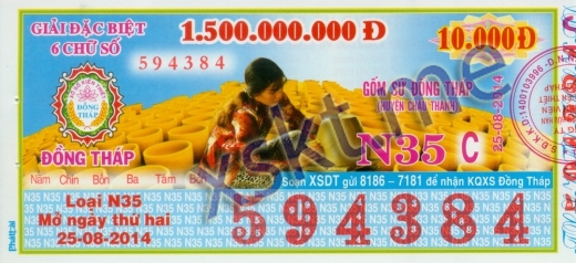 Mẫu vé sô xổ số Đồng Tháp ngày 25/8/2014
