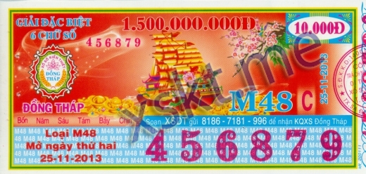 Mẫu vé sô xổ số Đồng Tháp ngày 25/11/2013