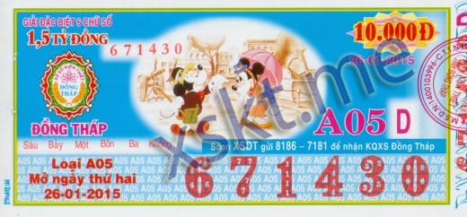 Mẫu vé sô xổ số Đồng Tháp ngày 26/1/2015