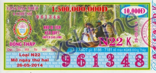 Mẫu vé sô xổ số Đồng Tháp ngày 26/5/2014