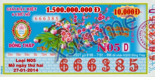 Mẫu vé sô xổ số Đồng Tháp ngày 27/1/2014