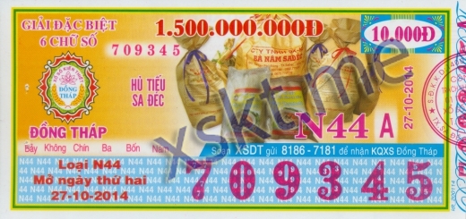 Mẫu vé sô xổ số Đồng Tháp ngày 27/10/2014